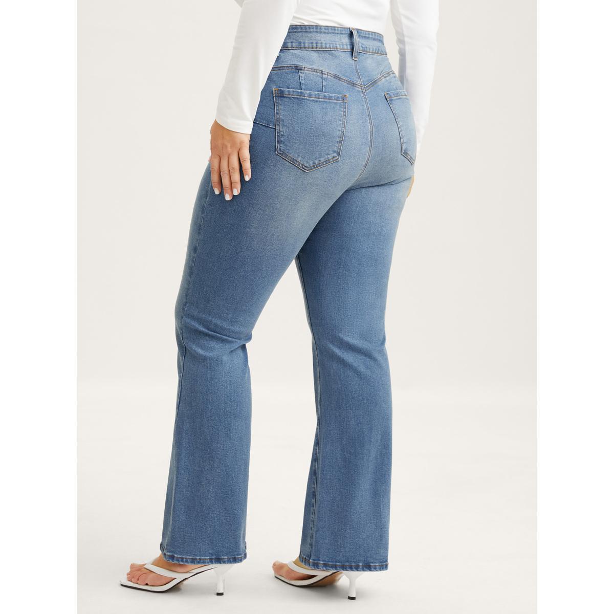 Plus Size Butt-Lift Bootcut Mid Rise Jeans Women Midblue Leisure High stretch Slanted pocket Jeans BloomChic 14/1X Product Image