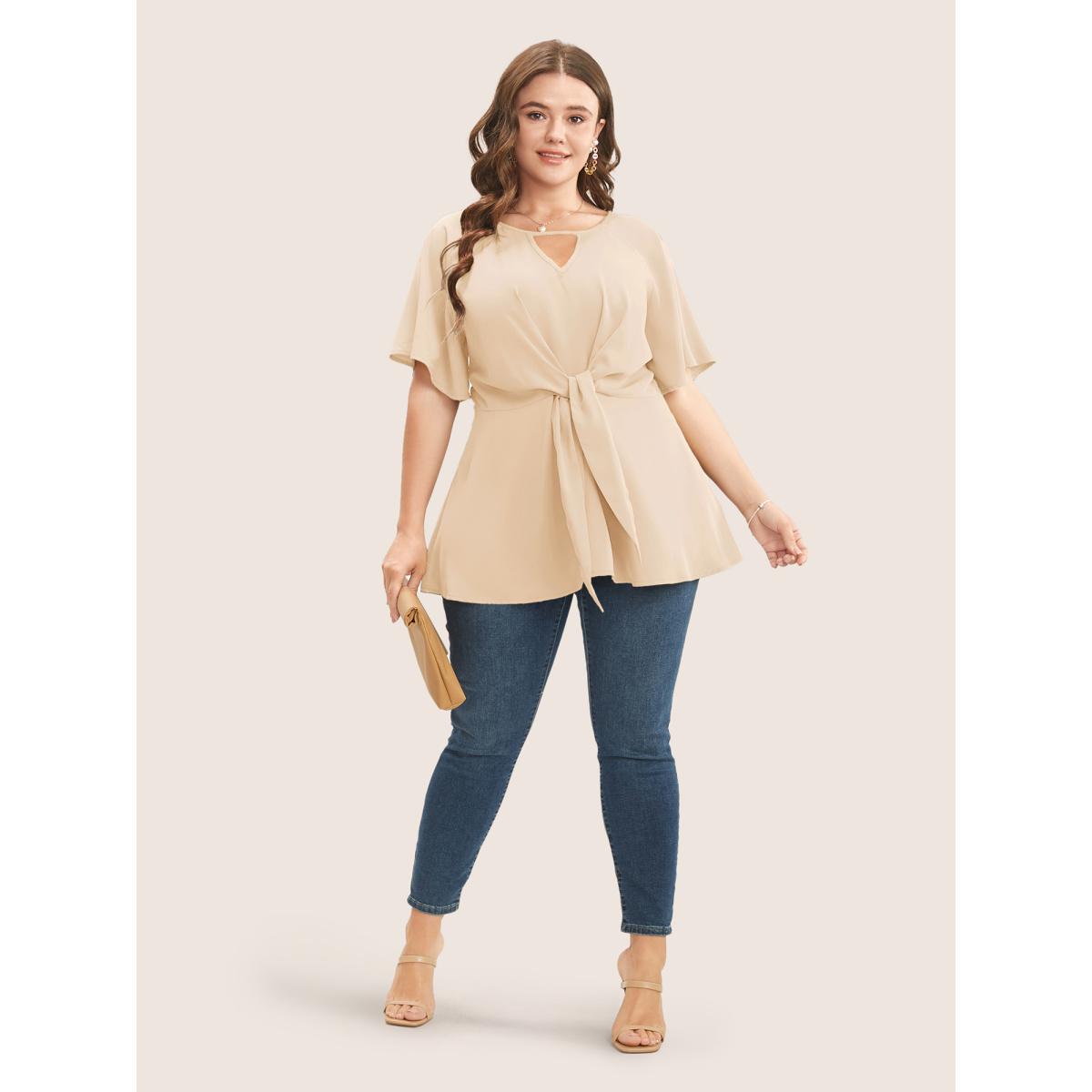 Plus Size Ivory Plain Keyhole Knotted Front Ruffle Sleeve Blouse Women Work From Home Short sleeve Round Neck Work Blouses BloomChic 18-20/2X Product Image