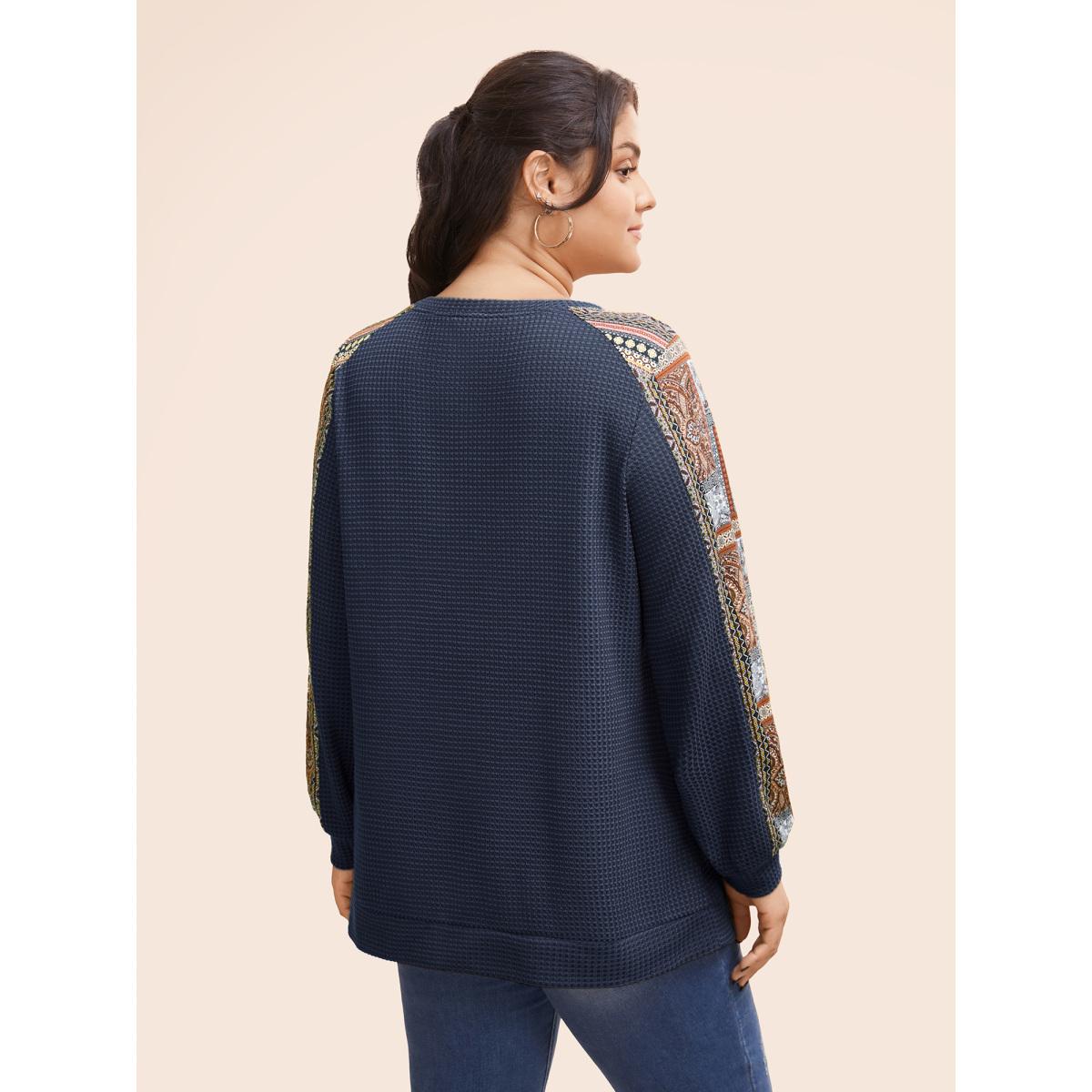 Plus Size Boho Print Patchwork Waffle Knit Crew Neck Sweatshirt Women Indigo Leisure Elastic cuffs Round Neck Casual Sweatshirts BloomChic 14-16/1X Product Image