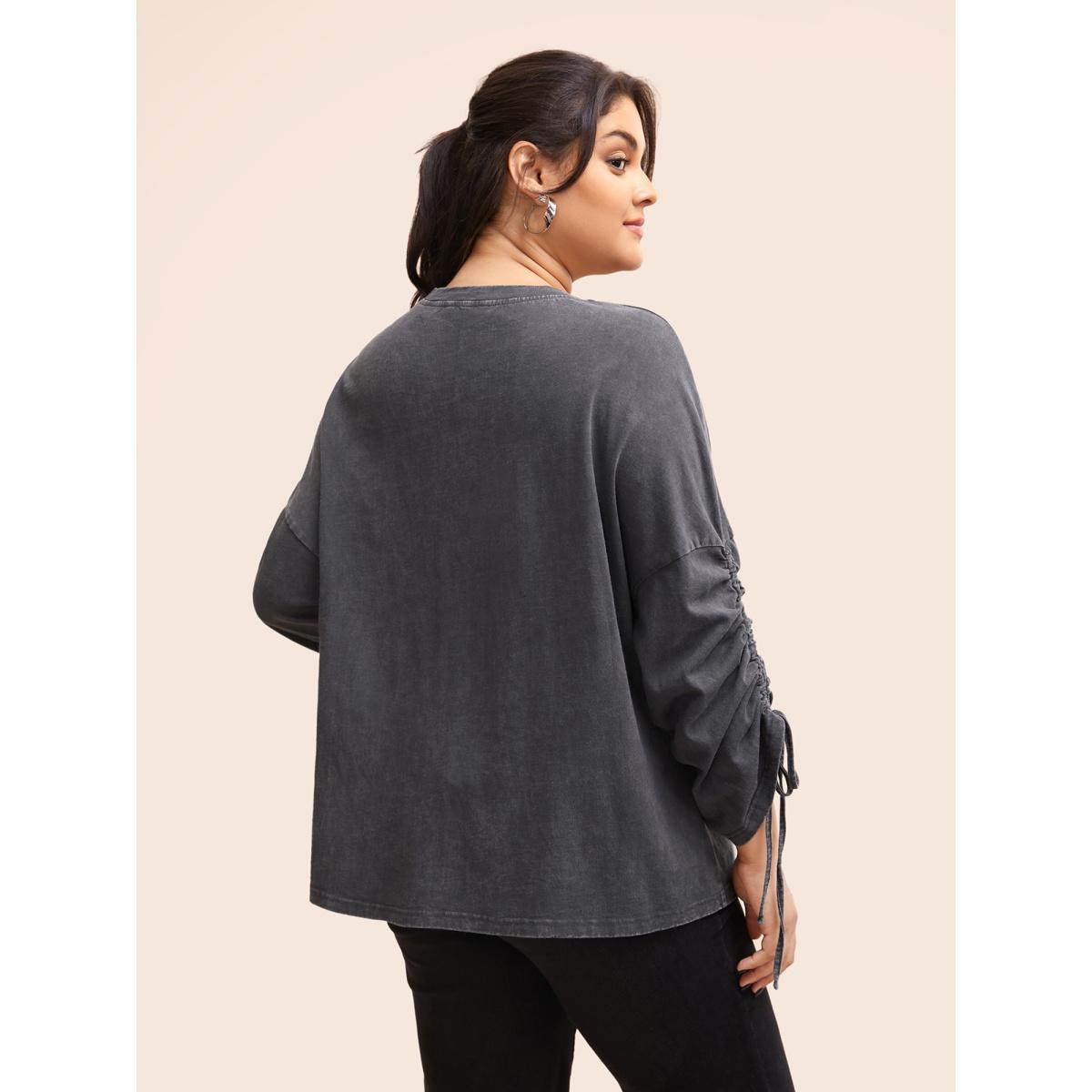 Plus Size Vintage Drawstring Drop Shoulder T-shirt DimGray Women Casual Drawstring Round Neck Everyday T-shirts BloomChic 28/5X Product Image