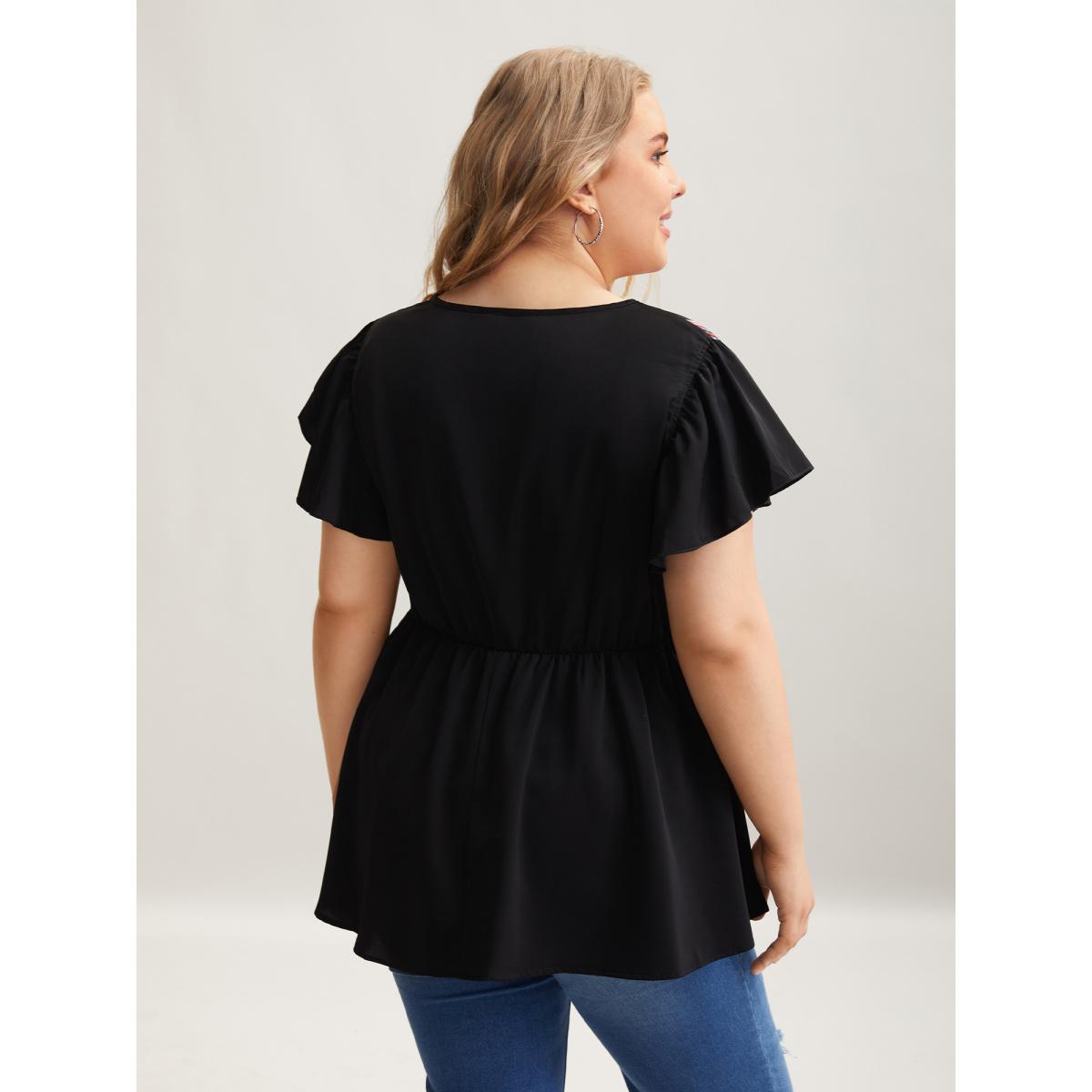 Plus Size Black Multi-Color Striped Neck Tie Shirt Women Casual Cap Sleeve Notched collar Everyday Blouses BloomChic 18-20/2X Product Image