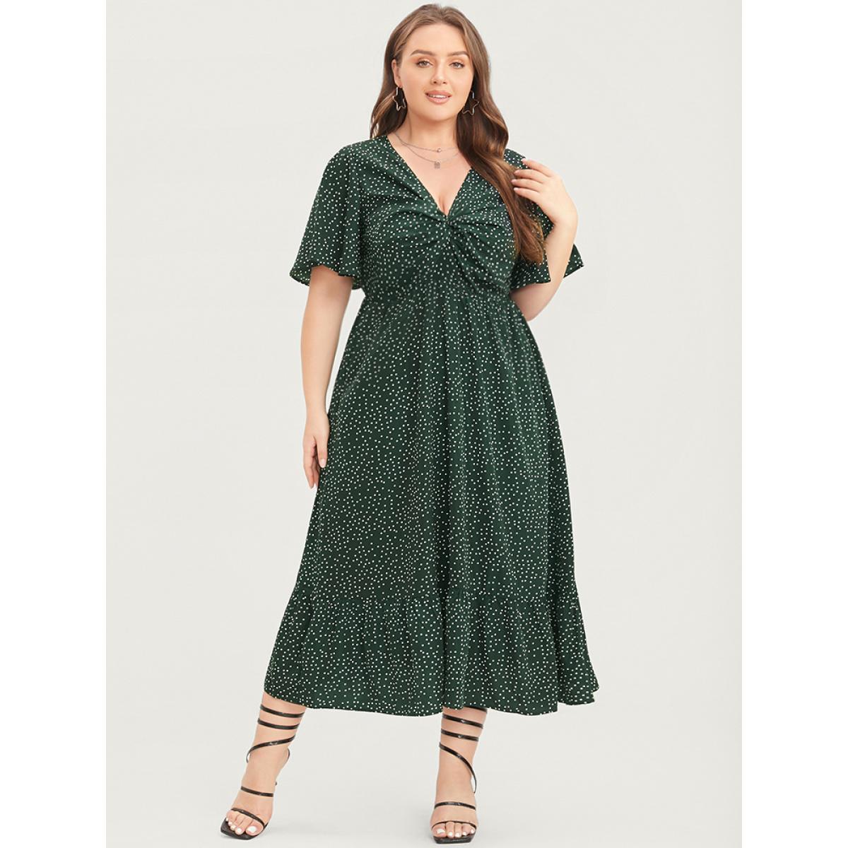 Plus Size Polka Dot Twist Front Pocket Flutter Hem Dress DarkGreen Women Elegant Pocket V-neck Short sleeve Curvy Midi Dress BloomChic 26/4X Product Image