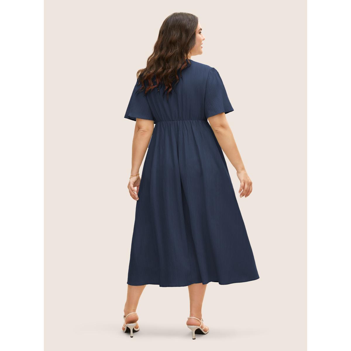 Plus Size V Neck Button Detail Flutter Sleeve Dress Navy Women Elegant Texture V-neck Short sleeve Curvy BloomChic 30/6X Product Image