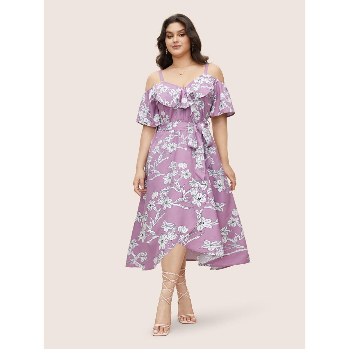 Plus Size Floral Ruffles Asymmetrical Hem Belted Gathered Dress Lilac Women Elegant Gathered Non Short sleeve Curvy Midi Dress BloomChic 30/6X Product Image