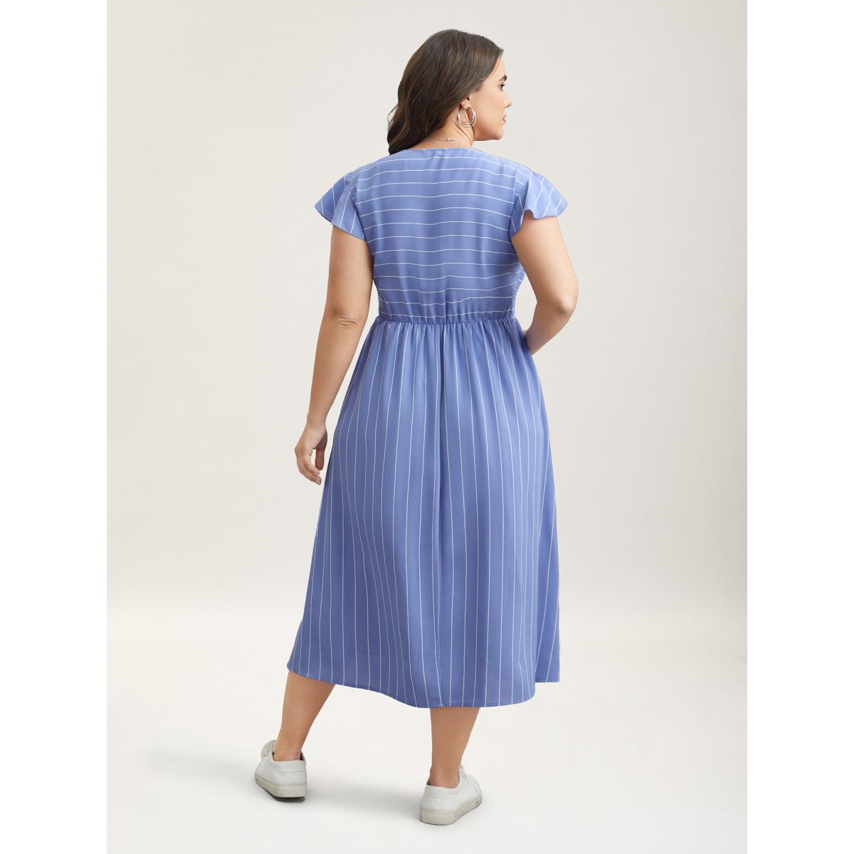 Plus Size Striped Shirred Flutter Sleeve Midi Dress Skyblue Women Leisure Shirred Square Neck Cap Sleeve Curvy BloomChic 12/L Product Image
