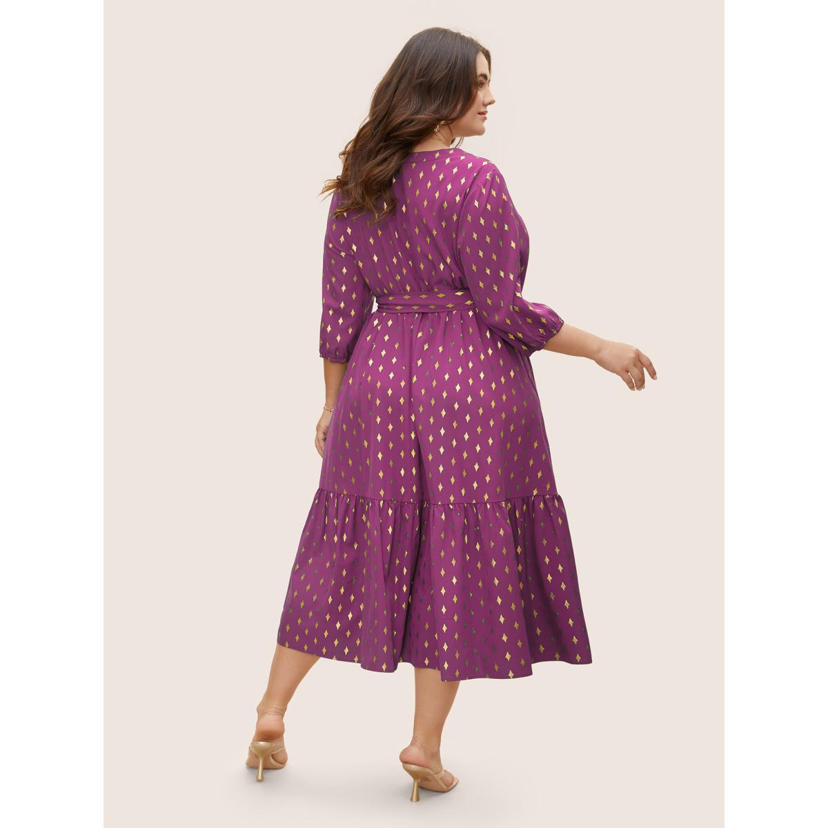 Plus Size Glitter Notched Lantern Sleeve Midi Dress Deeppurplered Women Formal Gathered Notched collar Elbow-length sleeve Curvy BloomChic 28/5X Product Image