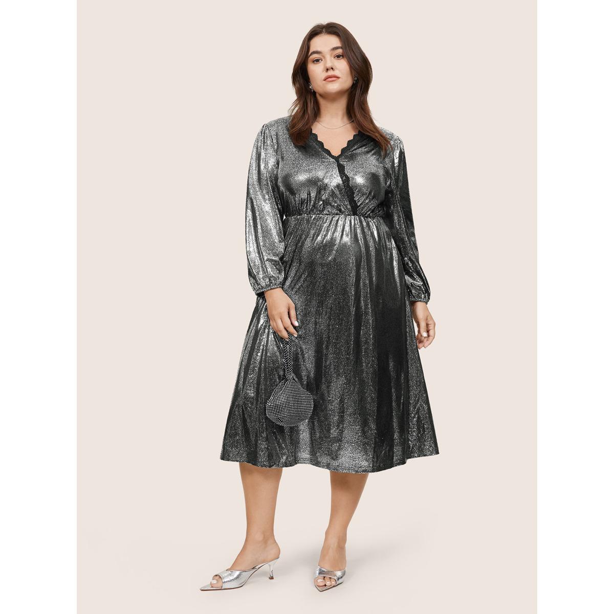 Plus Size Glitter Contrast Lace Wrap Elastic Waist Dress Black Women Party Elastic cuffs Overlap Collar Long Sleeve Curvy Midi Dress BloomChic 26/4X Product Image