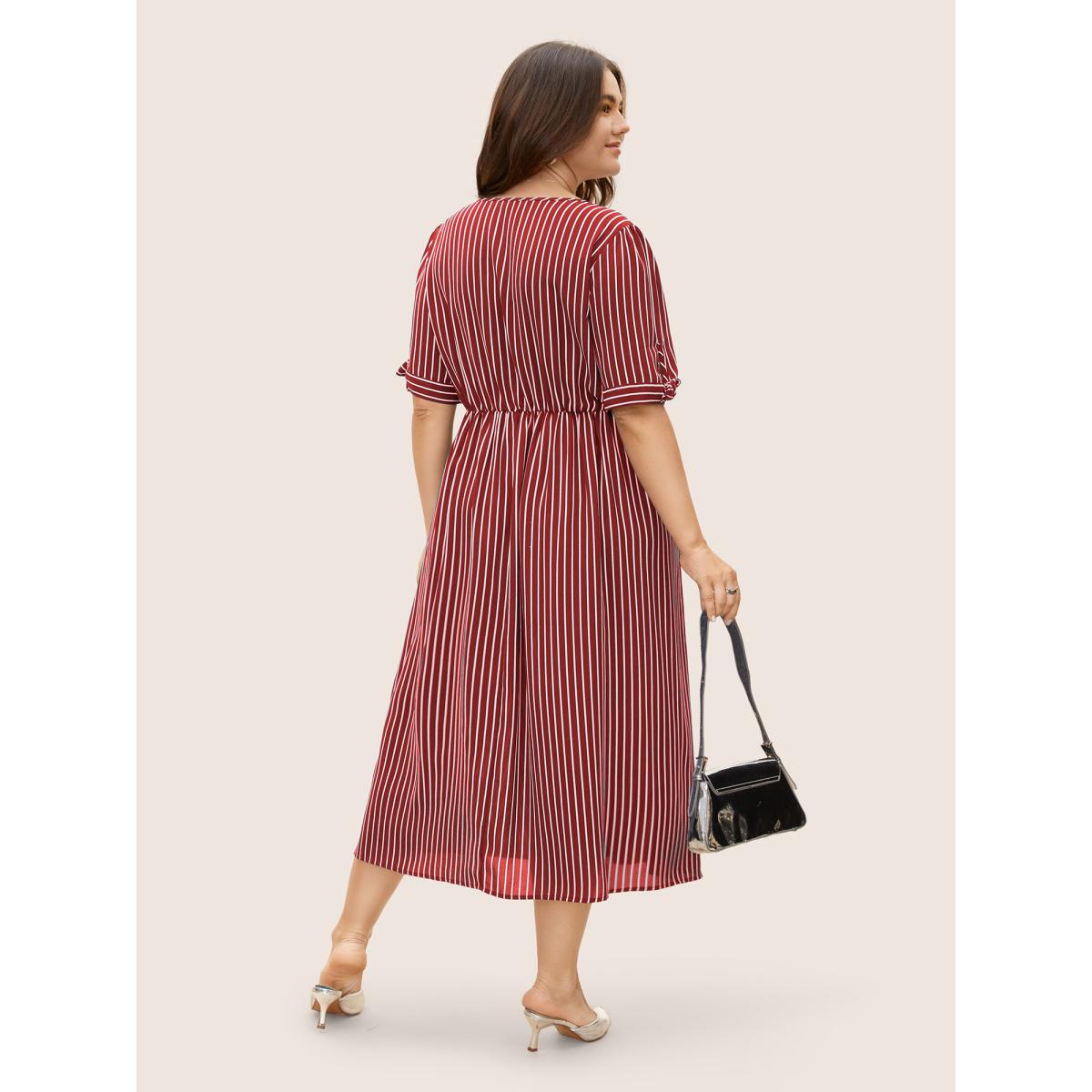 Plus Size Striped Knot Sleeve Button Detail Dress Scarlet Women At the Office Tie knot V-neck Short sleeve Curvy BloomChic 18-20/2X Product Image