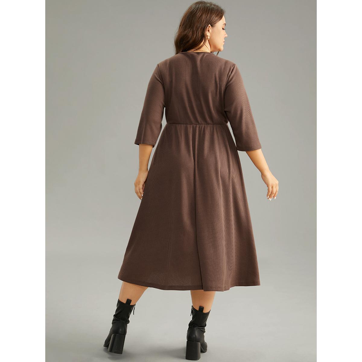 Plus Size Waffle Knit Contrast V Neck Button Detail Dress DarkBrown Women Work From Home Plain V-neck Elbow-length sleeve Curvy Midi Dress BloomChic 22-24/3X Product Image