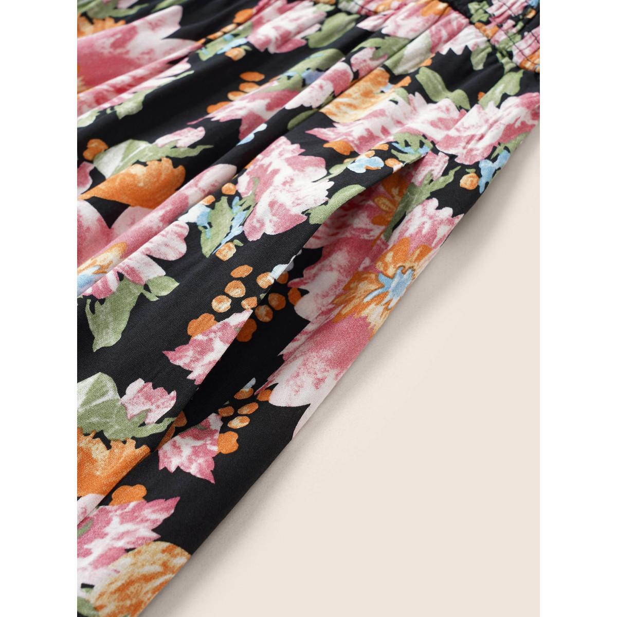 Plus Size Floral Shirred Ruffles Patchwork Pleated Dress Black Women Elegant Non Square Neck Short sleeve Curvy Midi Dress BloomChic 18-20/2X Product Image