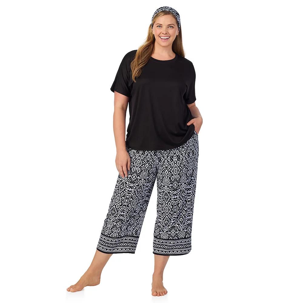Plus Size Cuddl Duds® 2-pc. Pajama Crewneck Top & Pajama Capri Pants Set with Matching Headband, Women's, Size: 1XL, Black Ikat Border Product Image