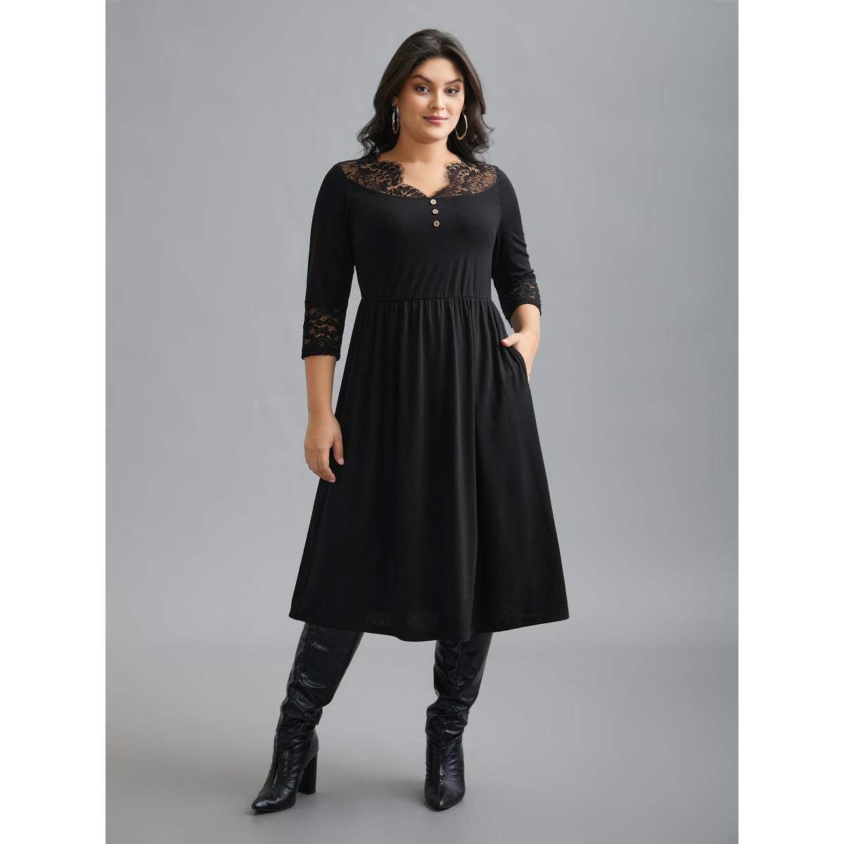 Plus Size Lace Trim Stitch Button Detail Dress Black Women Elegant Woven ribbon&lace trim Knit Dresses Bloomchic 12/L Product Image