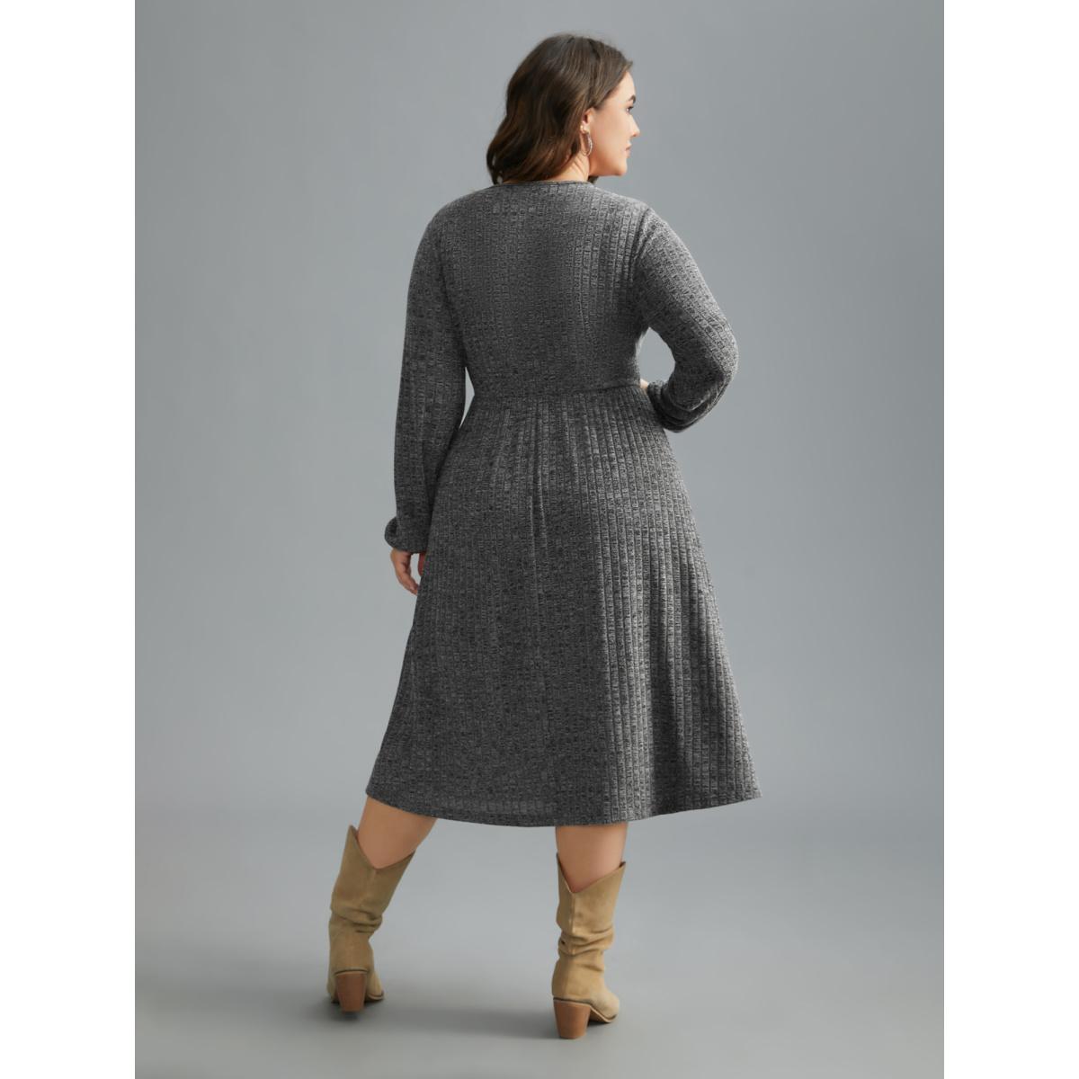Plus Size Pit Strip Overlap Collar Midi Dress DarkGray Women Casual Texture Knit Dresses Bloomchic 10/M Product Image