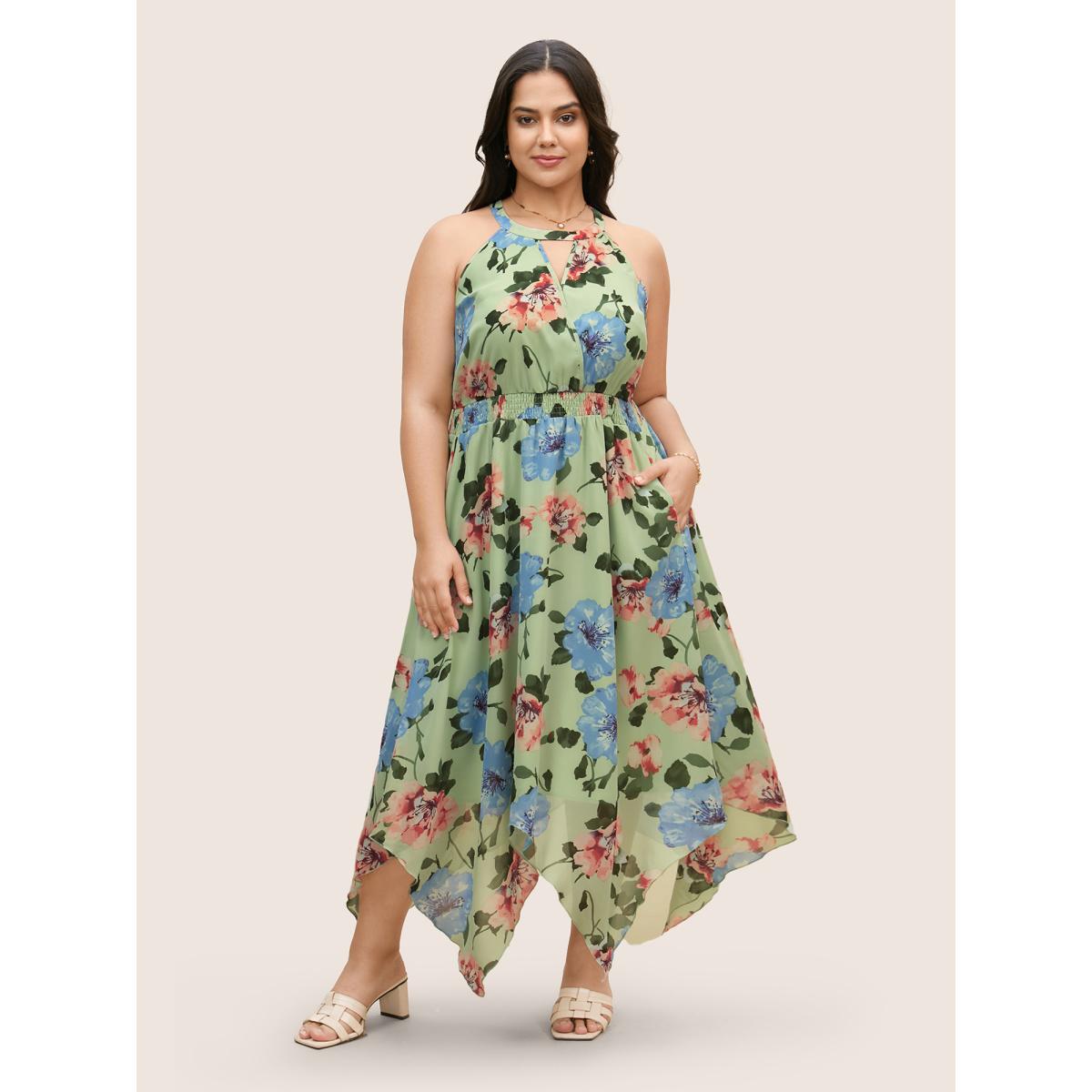Plus Size Floral Shirred Asymmetrical Hem Sleeveless Dress Palemauve Women Elegant Asymmetrical Round Neck Sleeveless Curvy BloomChic 28/5X Product Image
