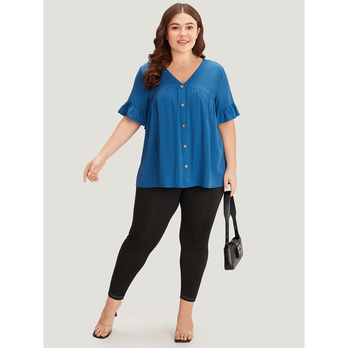 Plus Size Aegean Solid Flutter Trim Pleated Button Detail Blouse Women Office Short sleeve V-neck Work Blouses BloomChic 30/6X Product Image
