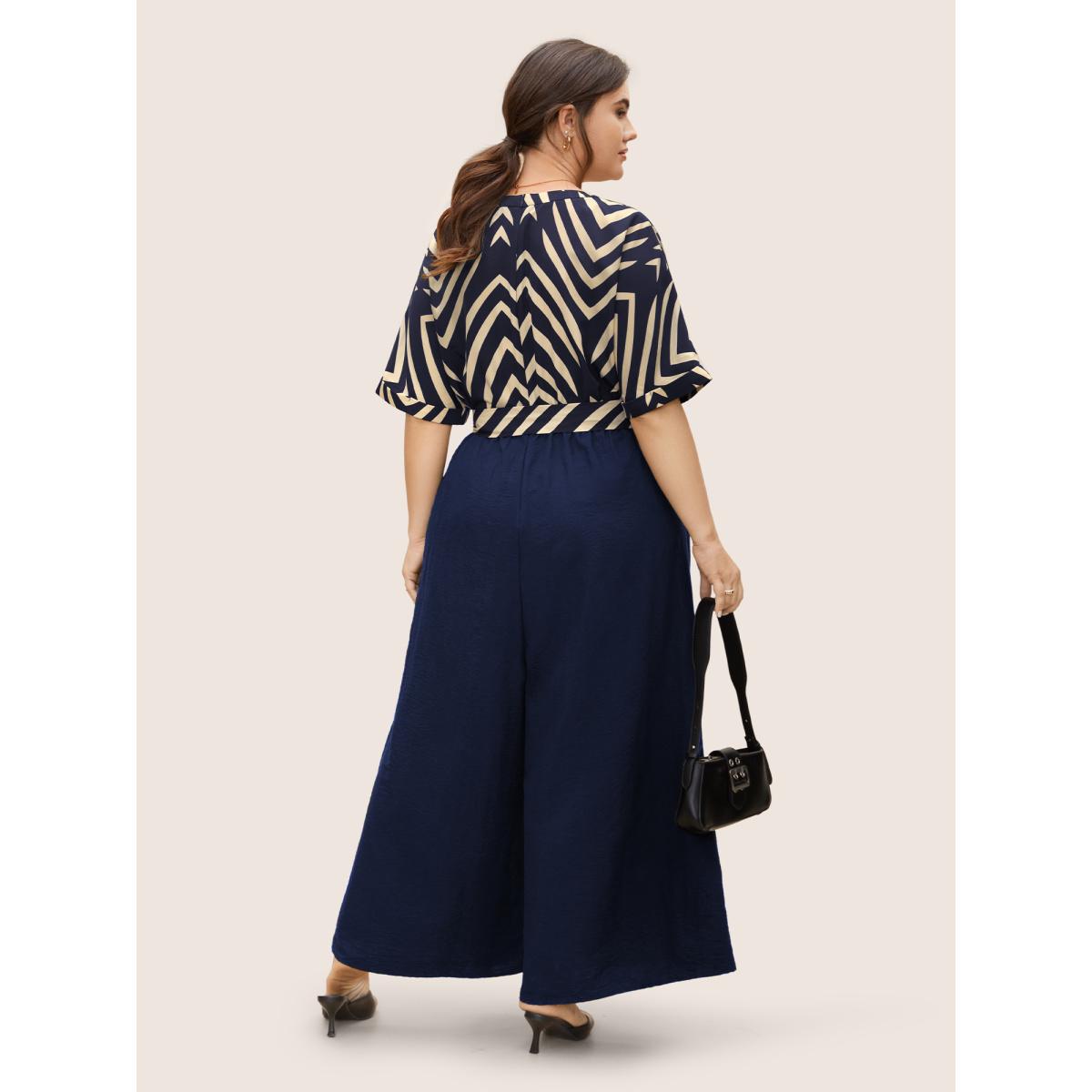 Plus Size Navy Striped Patchwork Knot Cuffed Sleeve Jumpsuit Women Work From Home Half Sleeve Flat collar with V-notch Work Loose Jumpsuits BloomChic 12/L Product Image