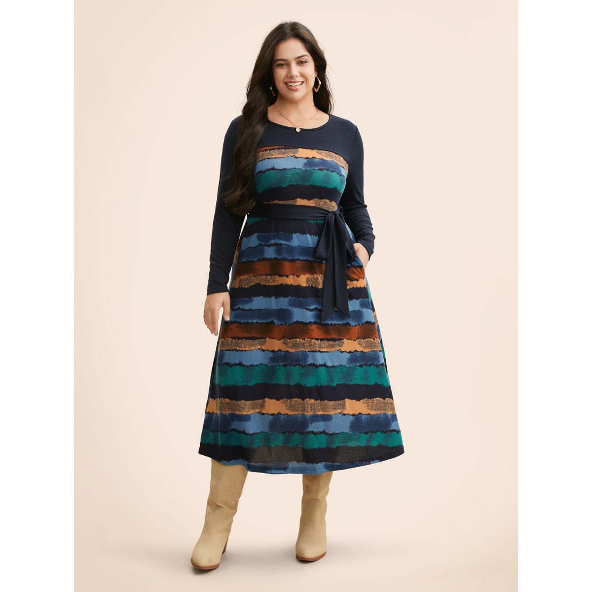 Plus Size Contrast Striped Round Neck Midi Dress Indigo Women Casual Belted Knit Dresses Bloomchic 26/4X Product Image
