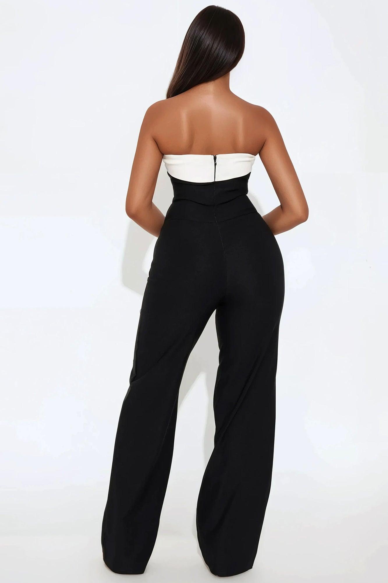 On Duty Wide Leg Strapless Jumpsuit - Black/White Product Image