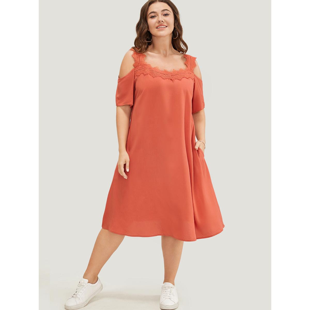 Plus Size Solid Contrast Lace Pocket Cold Shoulder Midi Dress Coral Women Casual Lace Cold Shoulder Short sleeve Curvy Midi Dress BloomChic 14-16/1X Product Image