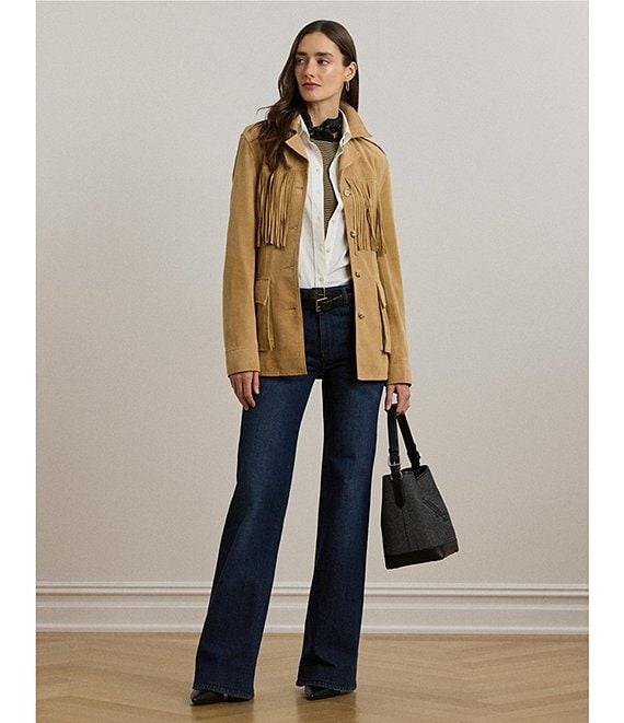 Lauren Ralph Lauren Fringe Trim Goat Suede Notch Collar Belted Jacket Product Image