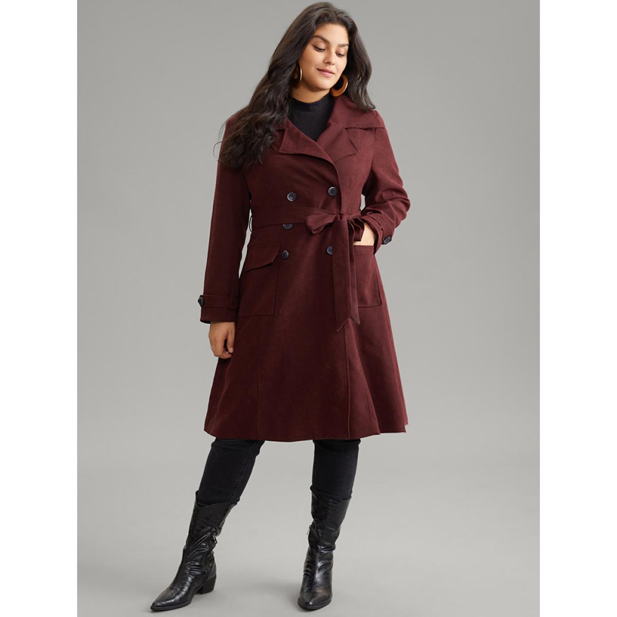 Plus Size Lapel Collar Solid Double Breasted Belted Coat Women Burgundy Work From Home Lined Ladies Work Winter Coats BloomChic 10/M Product Image