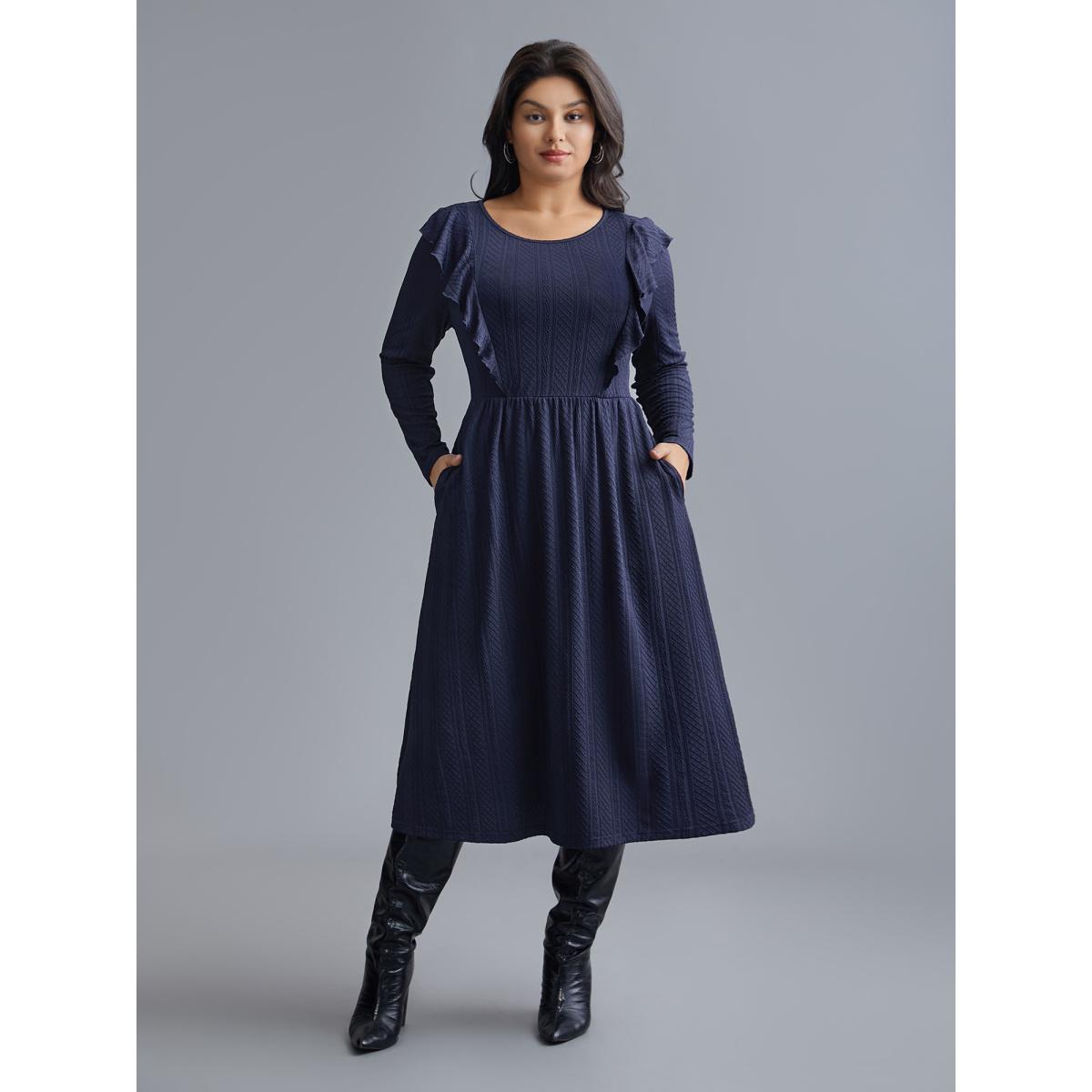 Plus Size Plain Crew Neck Ruffle Trim Plisse Dress Midnight Women Casual Texture Knit Dresses Bloomchic 18-20/2X Product Image
