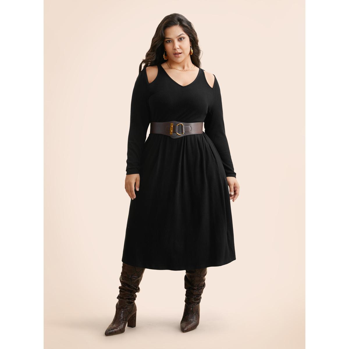 Plus Size Solid Pit Strip Cut Out Dress Black Women Elegant Texture V-neck Long Sleeve Curvy BloomChic 30/6X Product Image
