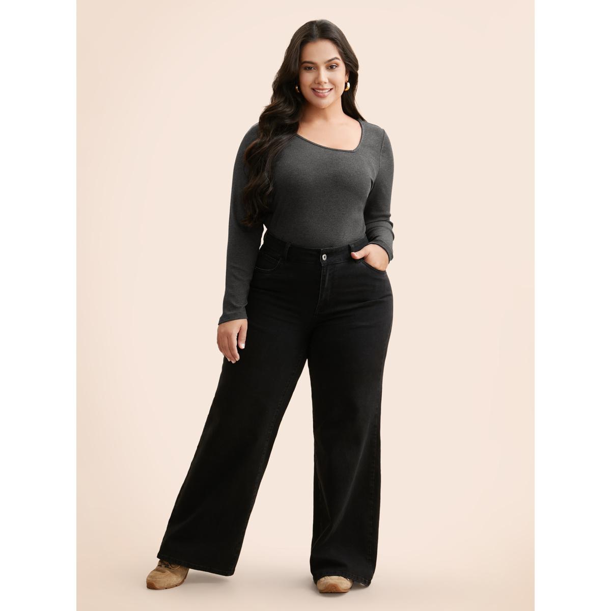 Plus Size Airy Cozy Asymmetrical Neckline T-shirt DimGray Women Casual Texture Asymmetrical Neck Bodycon Everyday T-shirts BloomChic 22-24/3X Product Image