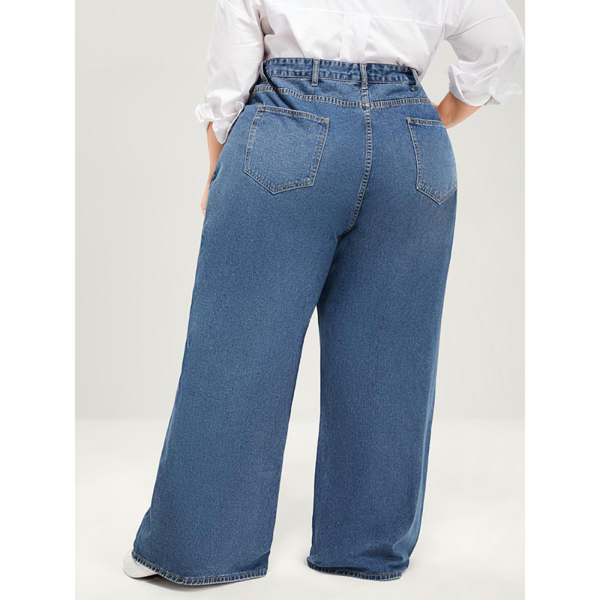 High Waist Plus Size Women Jeans Dailywear Plain Moderately Stretchy Wide Leg Medium Wash Pocket Basic Jeans BloomChic Product Image