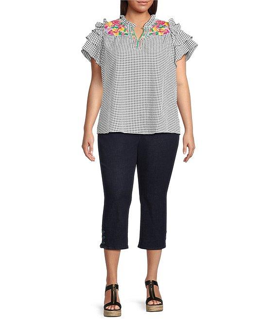 Calessa Plus Size Embroidered Printed Split V-Neck Short Sleeve Ruffle Tunic Product Image