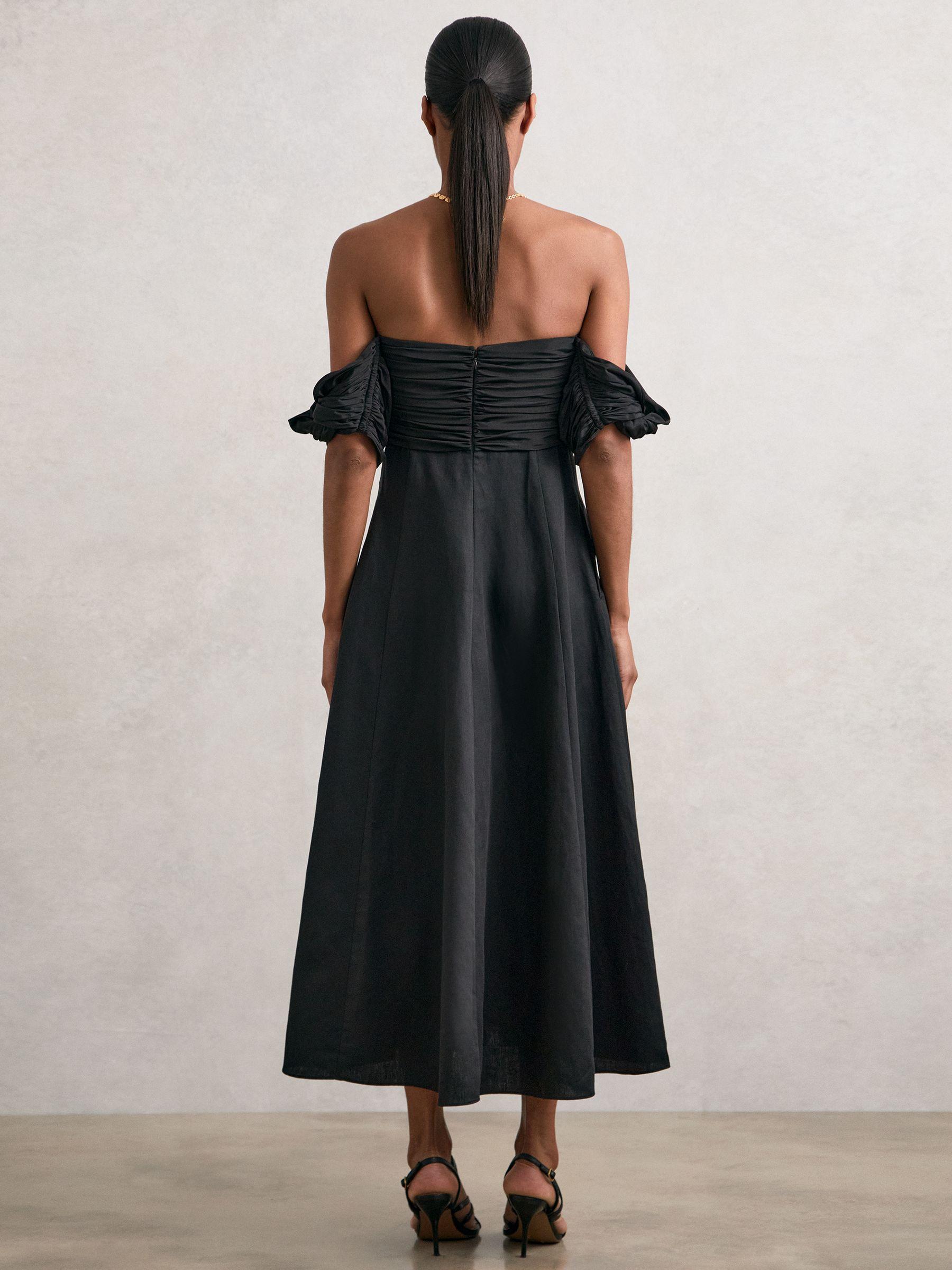 Bardot Sculpted Bodice Midi Dress With Linen in Black Product Image