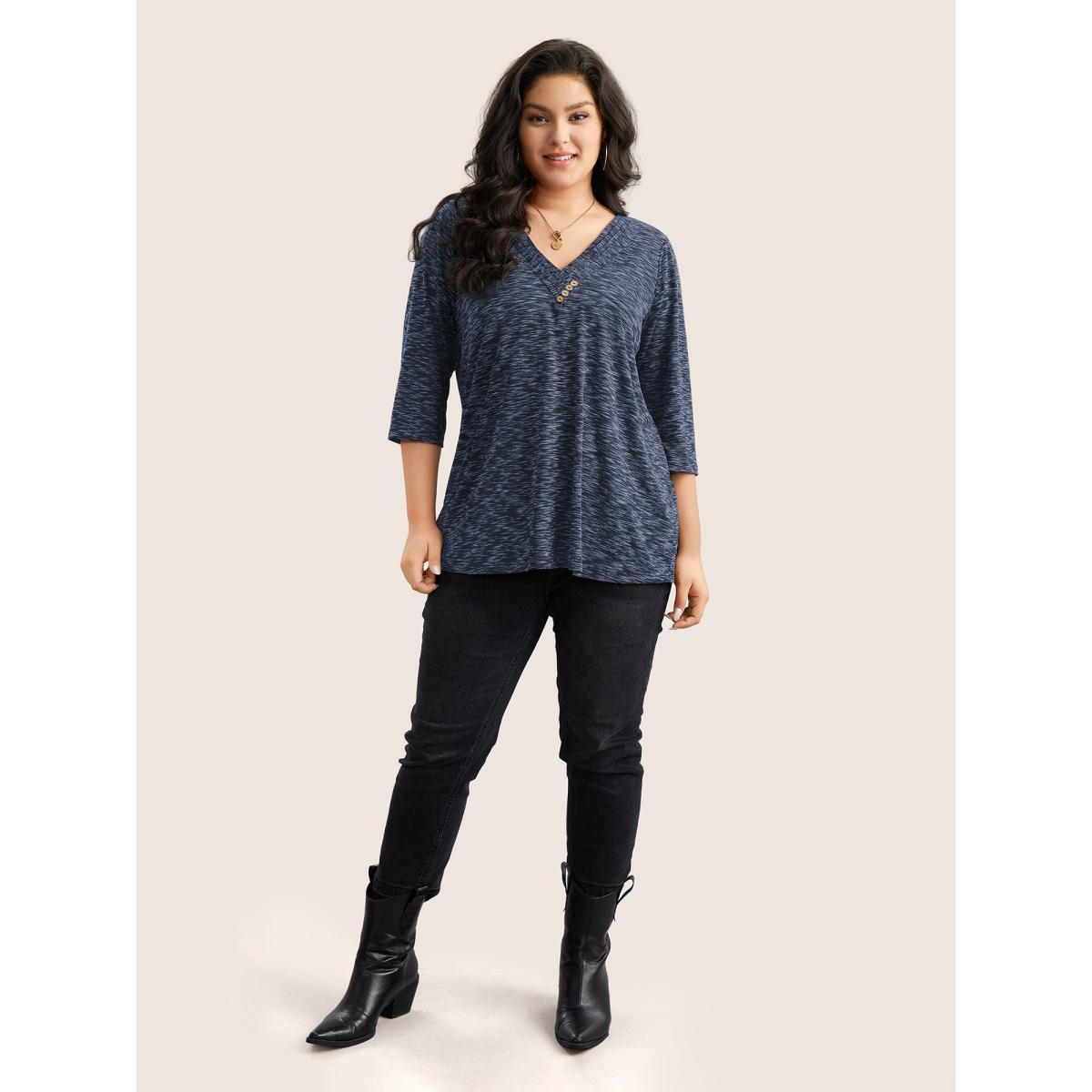 Plus Size Heather Pleated Button Detail T-shirt Blue Women Casual Pleated Plain V-neck Everyday T-shirts BloomChic 18-20/2X Product Image