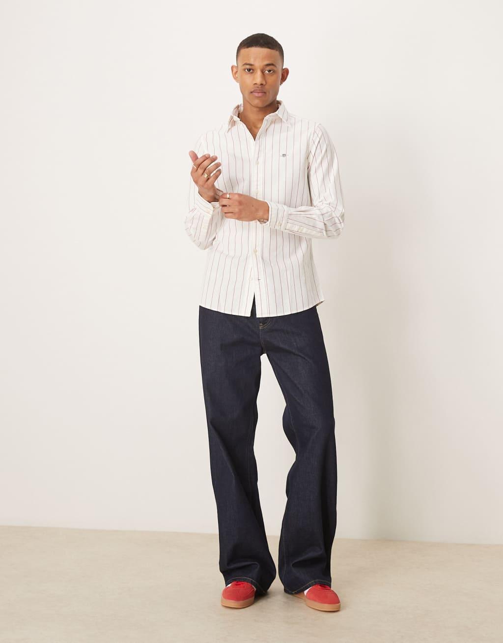 GANT shield logo slim fit stripe oxford shirt in red/white Product Image