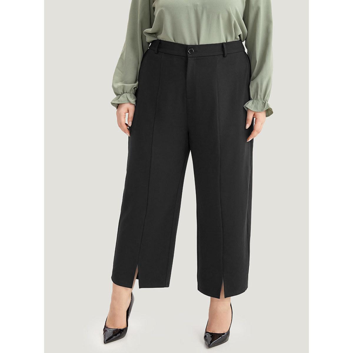 Plus Size Plain Split Front Pleated Pants Women Black At the Office Straight Leg High Rise Office Pants BloomChic 22-24/3X Product Image
