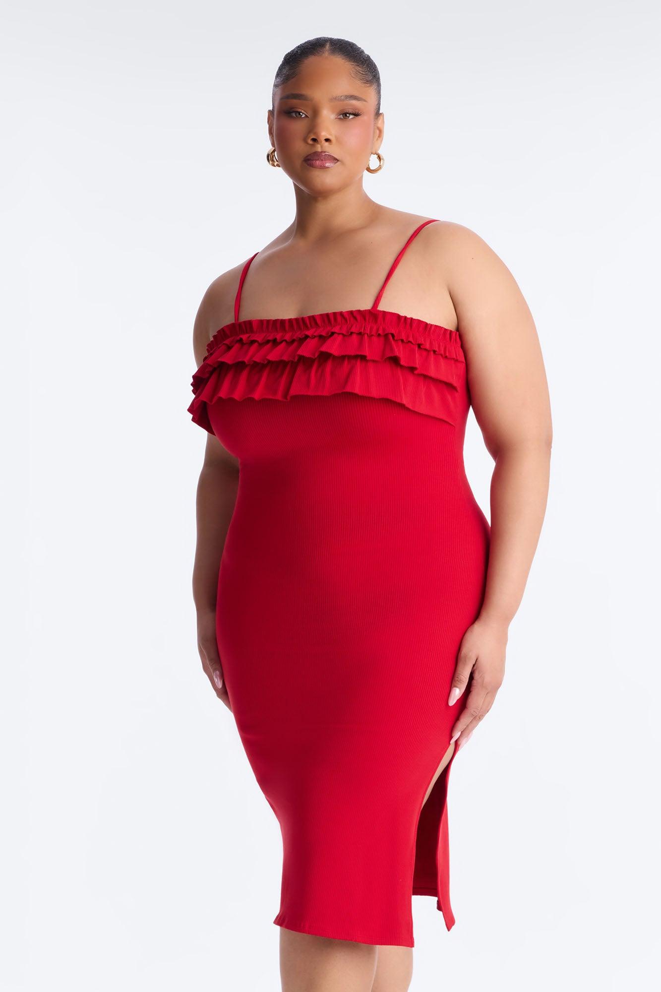 Paloma Ruffle Ribbed Midi Dress - Red Female Product Image