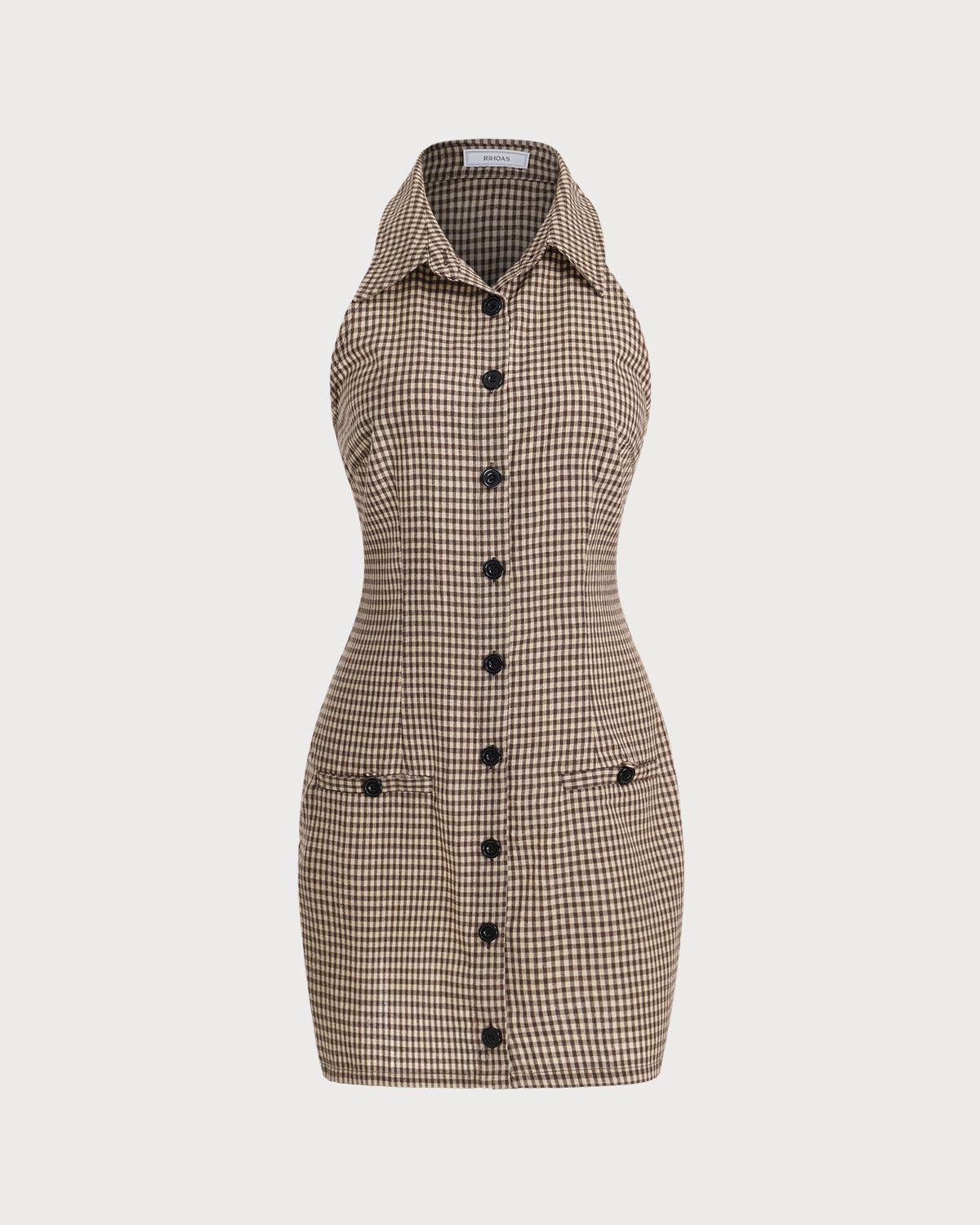 Brown Plaid Button Sleeveless Mini Dress Product Image