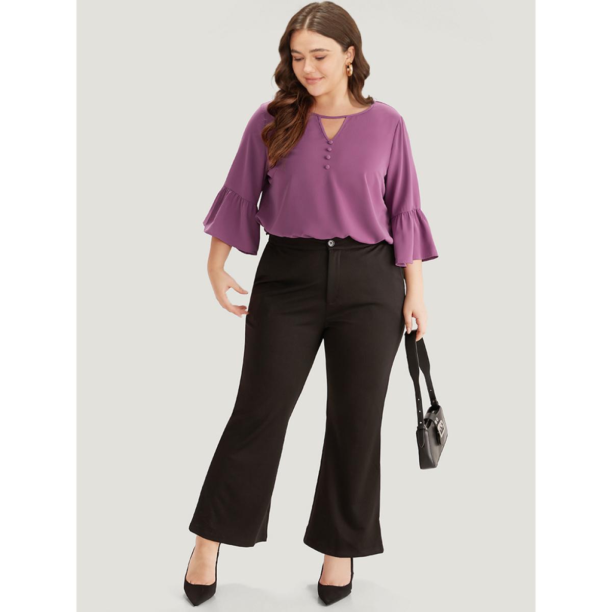 Plus Size Mauve Plain Keyhole Bell Sleeve Button Detail Blouse Women Office Elbow-length sleeve V-neck Office Blouses BloomChic 30/6X Product Image