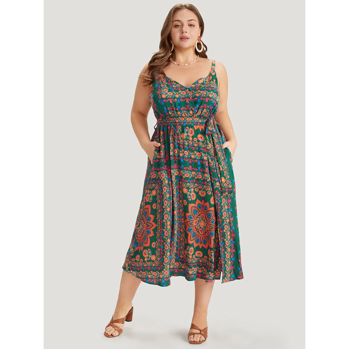 Plus Size Boho Print Belted Split Hem Pocket Cami Dress DarkGreen Women Vacation Gathered V-neck Sleeveless Curvy Midi Dress BloomChic 14-16/1X Product Image