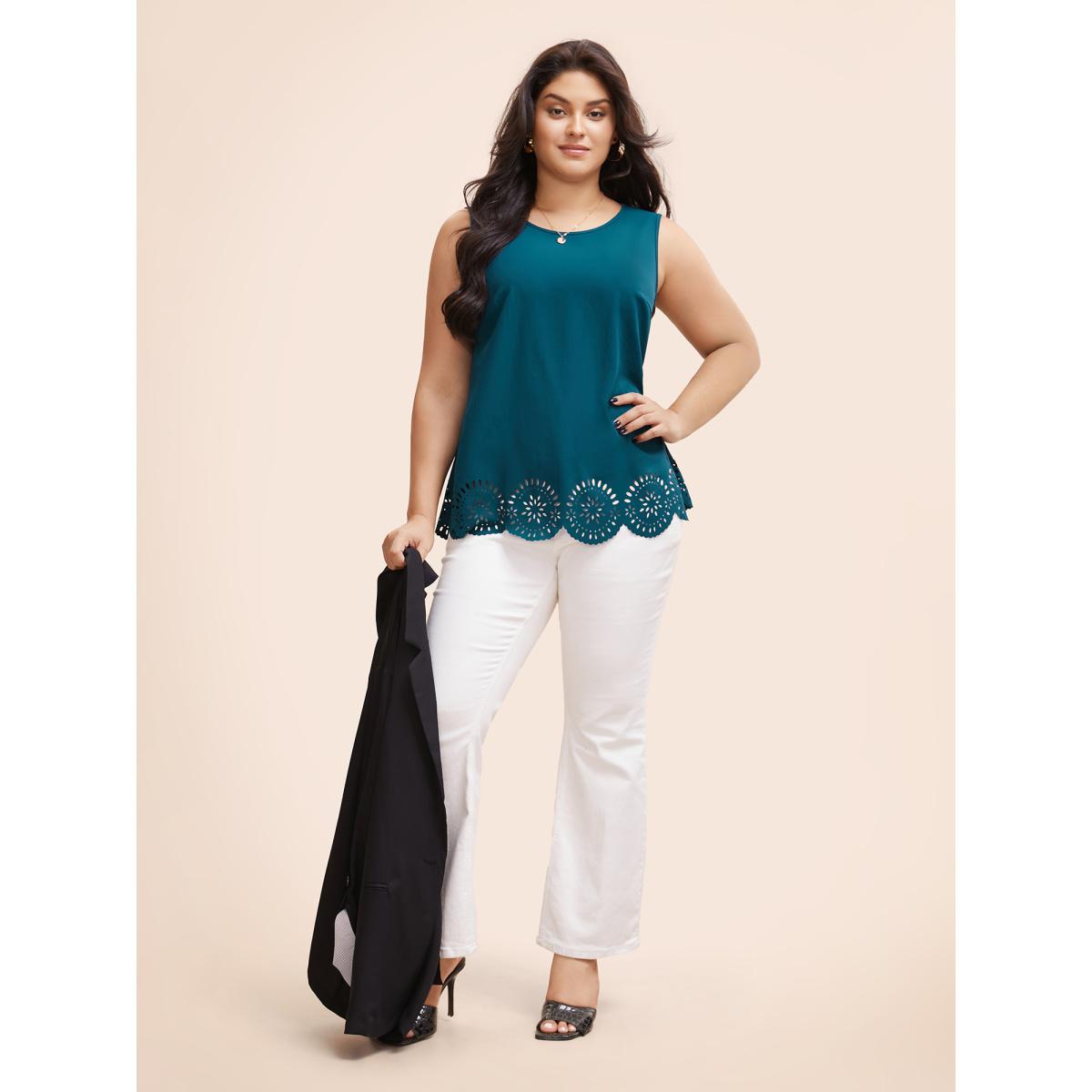 Plus Size Solid Crew Neck Laser Cut Tank Top Women Aegean Elegant Cut-Out Round Neck Everyday Tank Tops Camis BloomChic 14-16/1X Product Image