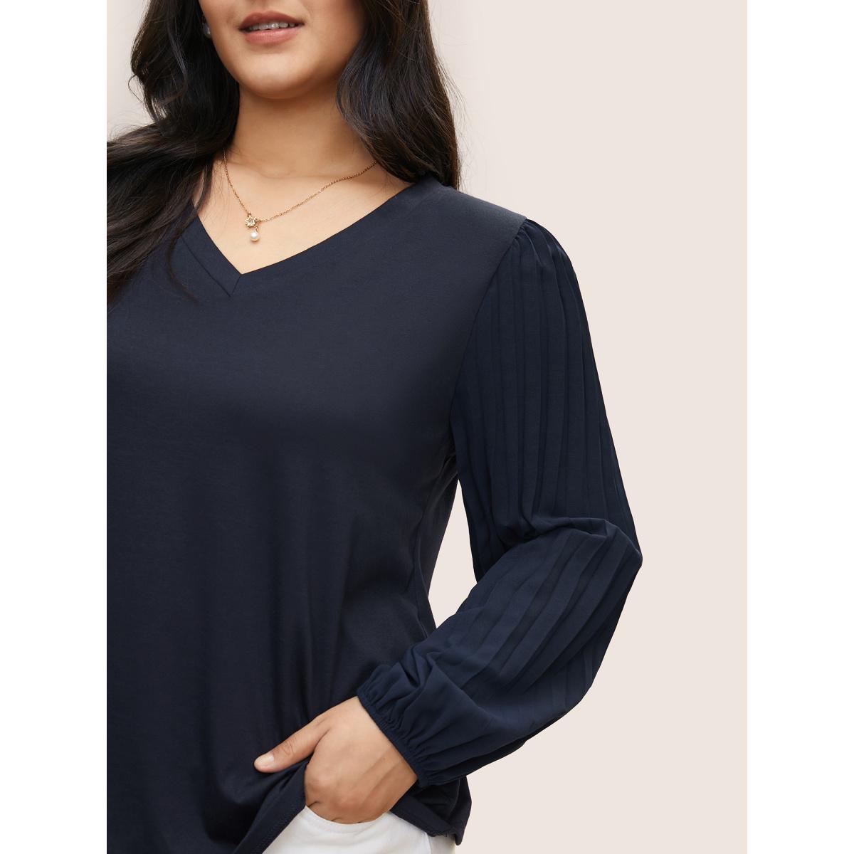 Plus Size Solid Lantern Sleeve Patchwork Pleated T-shirt Midnight Women Casual Pleated Plain V-neck Everyday T-shirts BloomChic 26/4X Product Image
