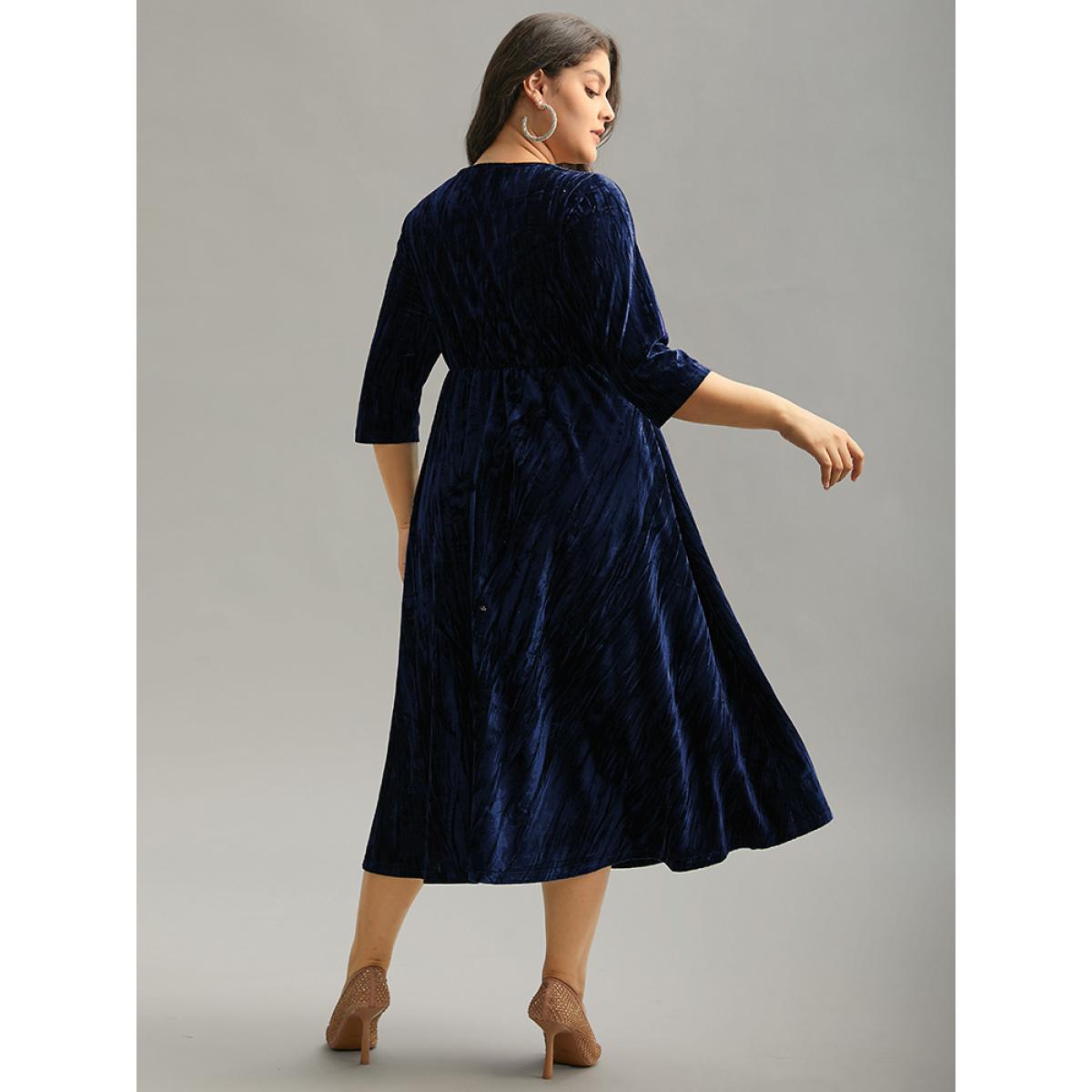 Plus Size Plain Velvet V Neck Twist Front Dress DarkBlue Women Cocktail Velvet V-neck Elbow-length sleeve Curvy Midi Dress BloomChic 22-24/3X Product Image