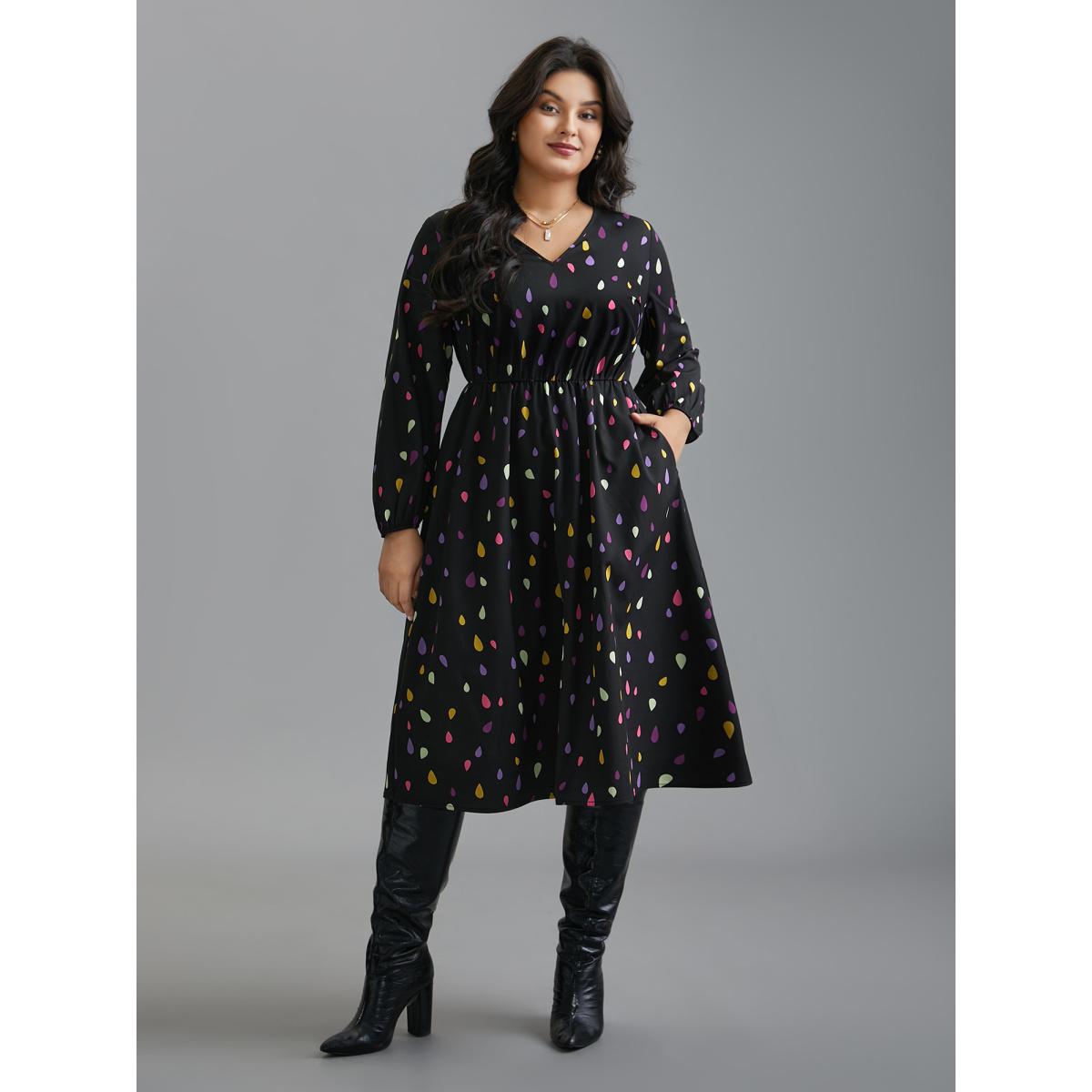 Plus Size V Neck Color Contrast Lantern Sleeve Dress Black Women Elegant Contrast V-neck Long Sleeve Curvy BloomChic 18-20/2X Product Image