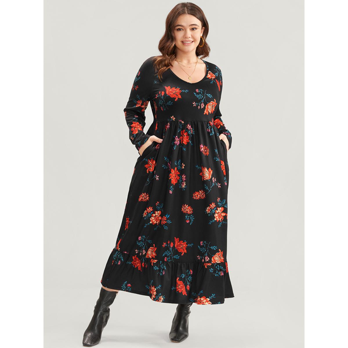 Plus Size Floral Print V Neck Pocket Flutter Hem Dress Without Belt Multicolor Women Elegant Pocket V-neck Long Sleeve Curvy Midi Dress BloomChic 18-20/2X Product Image