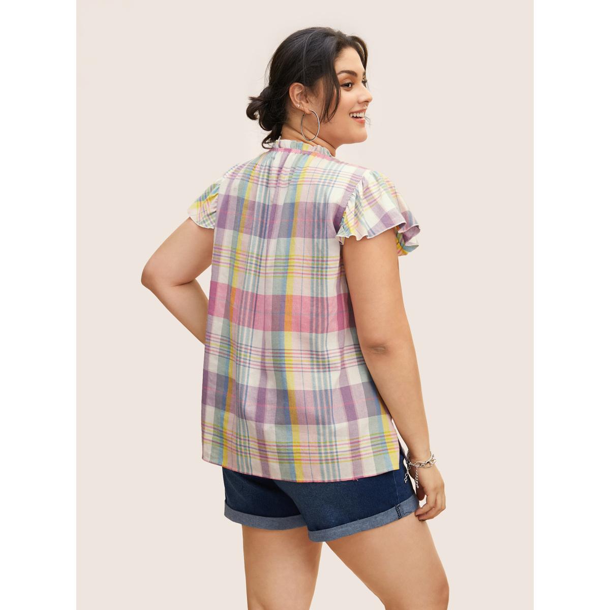 Plus Size Multicolor Crew Neck Colored Plaid Split Hem Blouse Women Casual Cap Sleeve Round Neck Everyday Blouses BloomChic 22-24/3X Product Image