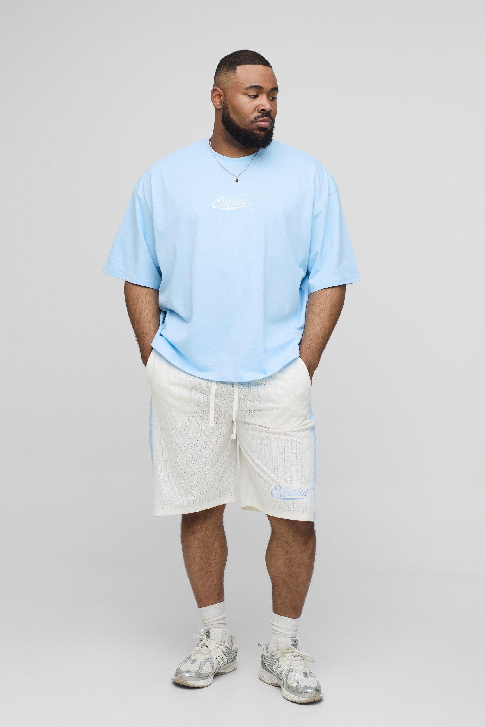 Plus Oversized Boxy Official Embroidered T-Shirt & Airtex Basketball Short Set | boohooMAN USA Product Image
