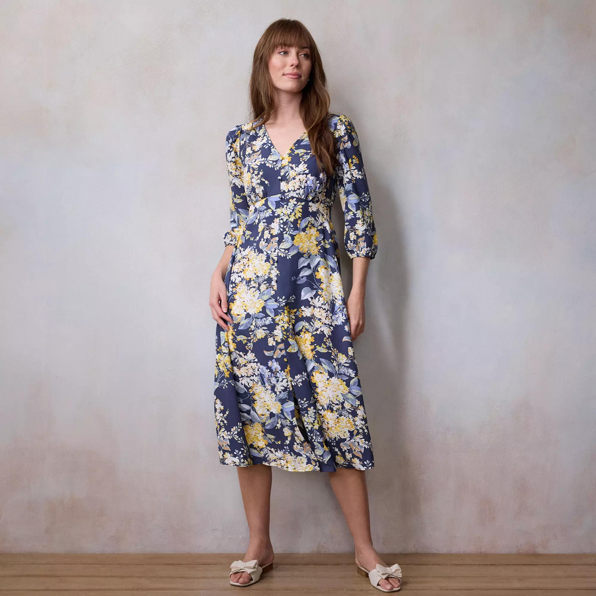 Petite LC Lauren Conrad V-Neck Button-Front Midi Dress, Women's, Size: Large Petite, Blue Florabelles Product Image