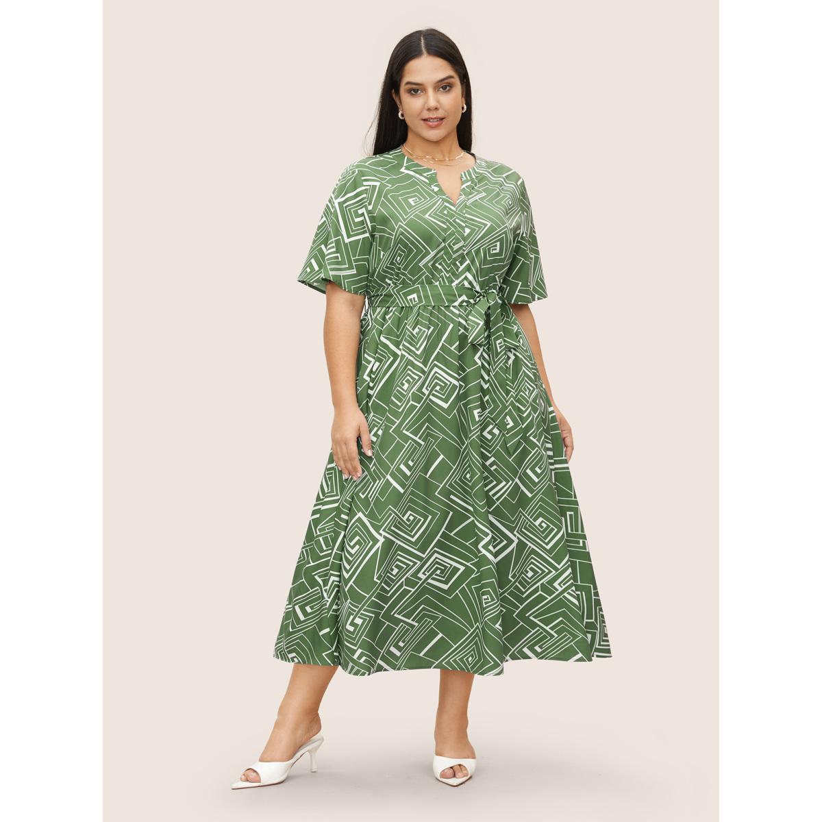 Plus Size Geometric Flat Collar With V Notch Ruffle Sleeve Belted Dress Mint Women At the Office Belted Flat collar with V-notch Short sleeve Curvy Midi Dress BloomChic 14-16/1X Product Image