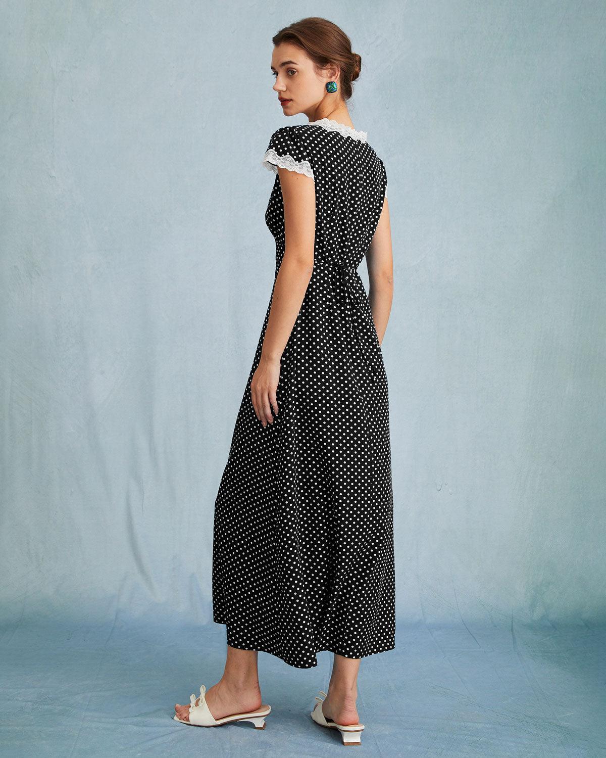 Black Polka Dot Lace Trim Maxi Dress Product Image