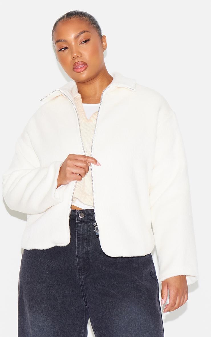 Plus Cream Wool Look Wide Collar Zip Up Jacket Product Image