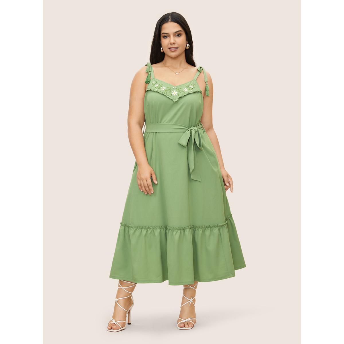 Plus Size Floral Embroidered Tassel Pleated Frill Trim Dress Mint Women Resort Belted Non Sleeveless Curvy Midi Dress BloomChic 12/L Product Image